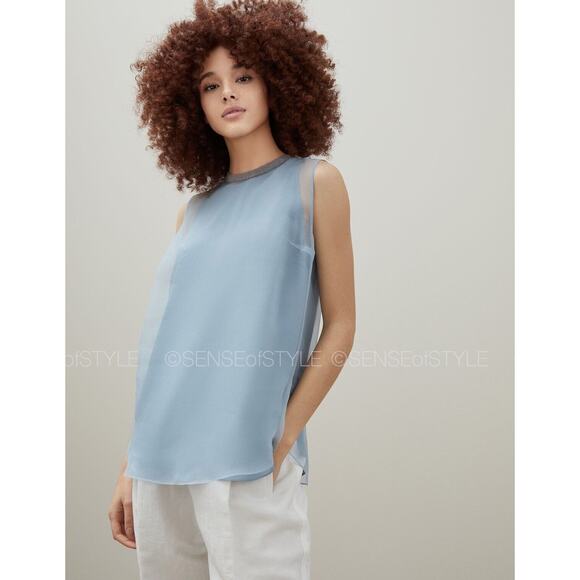 Brunello Cucinelli Silk Women's Top Blue Monili Summer Elegant Evening size L - Picture 1 of 7